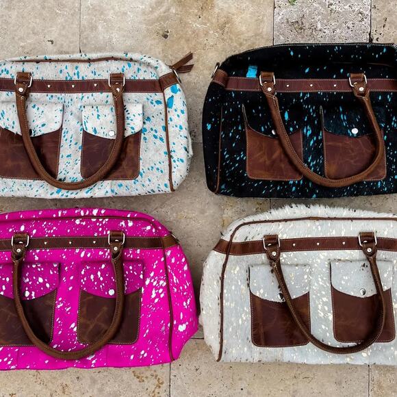 Boho Ranch Weekender Duffle Leather Hair On Cowhide Duffel Bag Brown and White - Picture 3 of 3